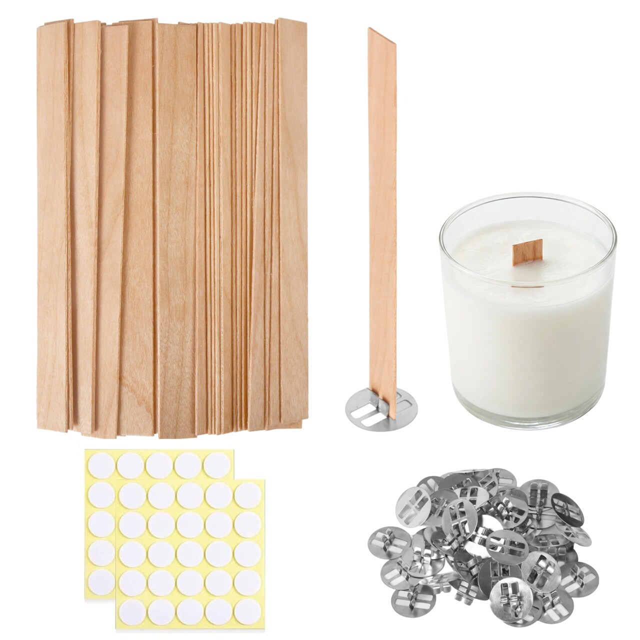 150 Pcs Thickned Wooden Candle Wicks. 5.1 X 0.5 X 0.06 Inch Upgrade Crackling Wooden Wicks, Long Lasting Smokeless Wood Wicks with Iron Standers, Wick Stickers, and Warning Labels- 50 Sets